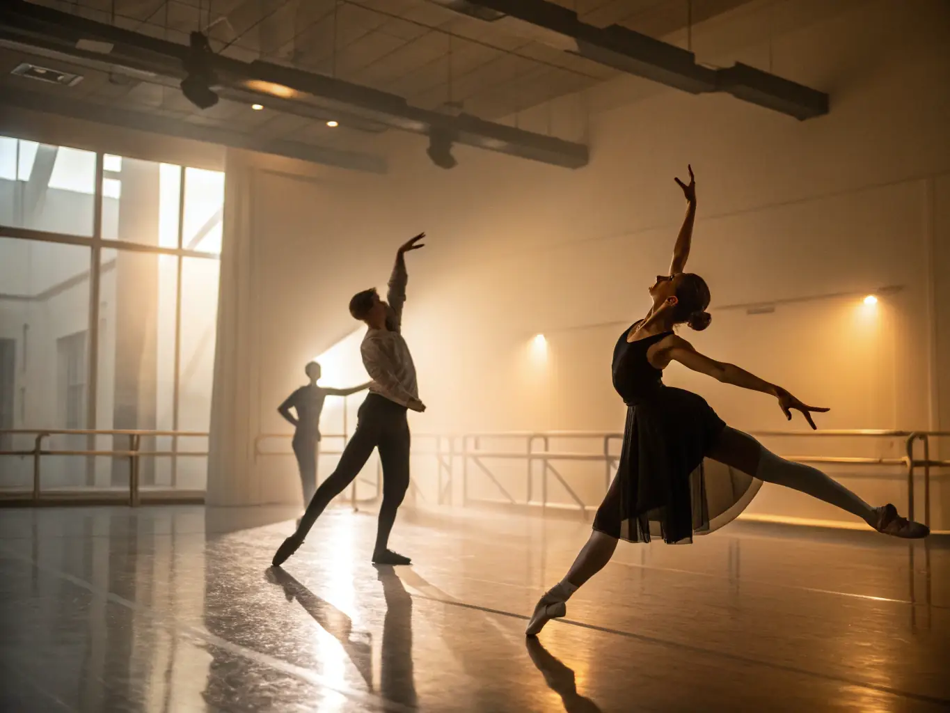 A vibrant scene inside ATELIER M's dance studio, where dancers are rehearsing a modern piece, bathed in colorful stage lighting. The atmosphere is energetic and collaborative.