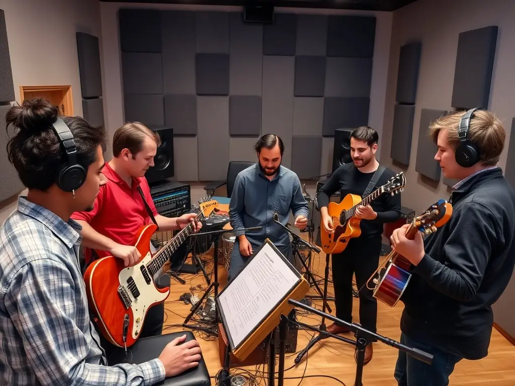 A group of musicians collaborating in ATELIER M's soundproofed music rehearsal room, surrounded by instruments and recording equipment. The image conveys a sense of creativity and teamwork.