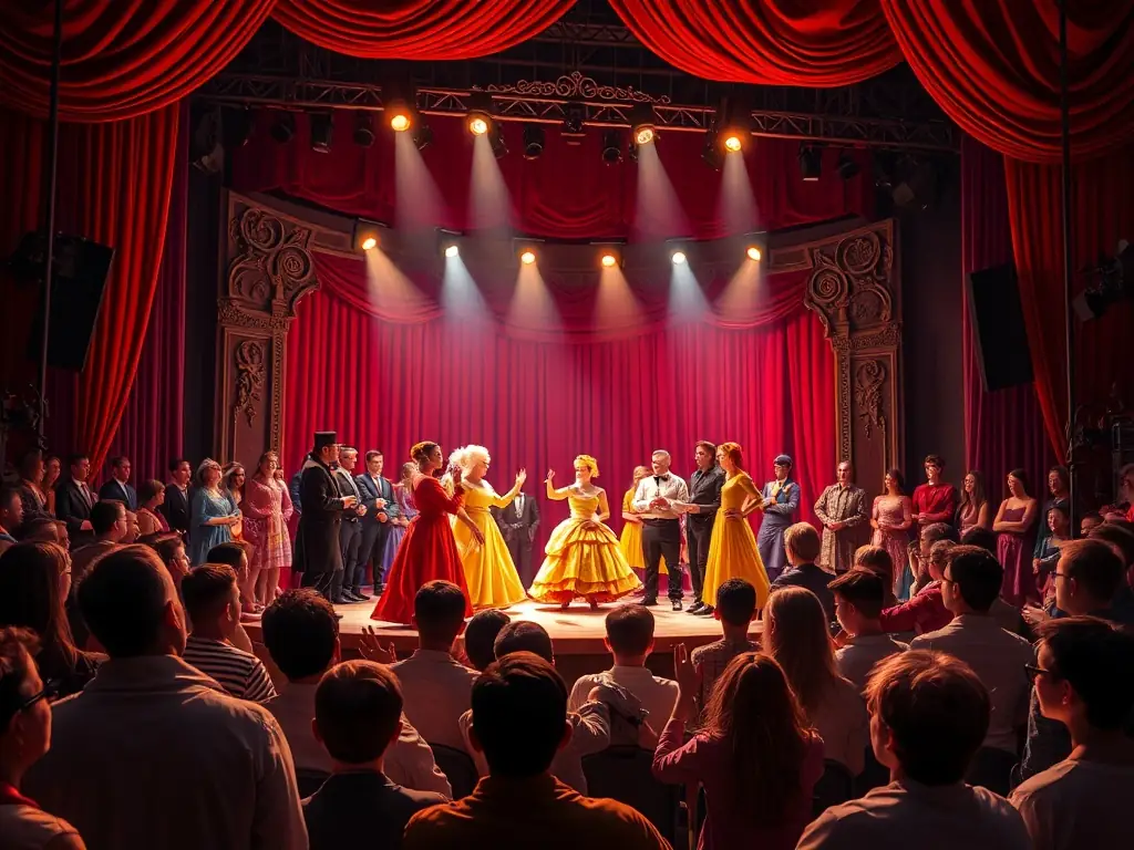 A behind-the-scenes shot of a theatrical production at ATELIER M, showcasing actors in costume, stagehands adjusting props, and the director giving instructions. The image captures the excitement and collaborative effort of live theater.