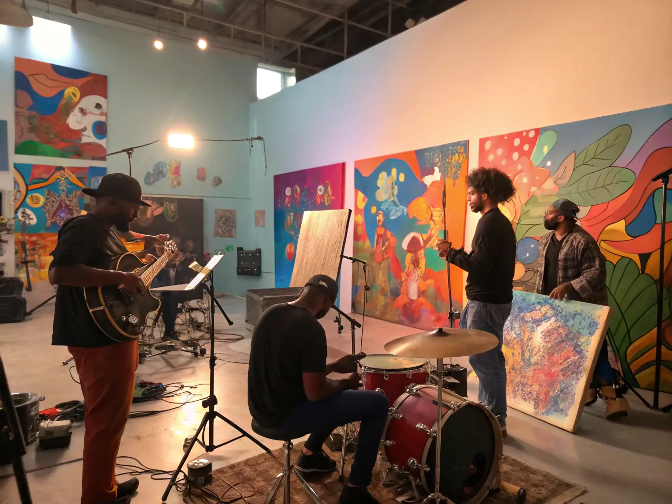 A collaborative workshop in progress at ATELIER M, showcasing artists and community members working together on a creative project.